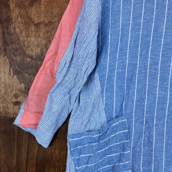 A La Carte Womens Blouse Blue Pink Colorblock Striped Linen 3/4 Sleeve Tunic M - Picture 3 of 12